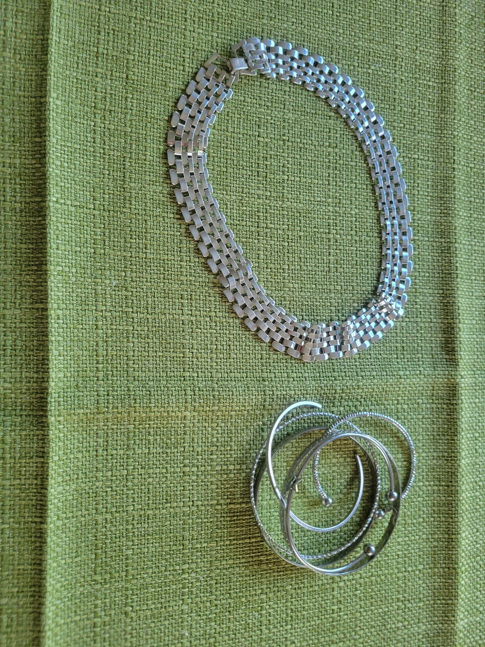 Silver Multi-Row Chain Necklace and Bangle Set - Silver